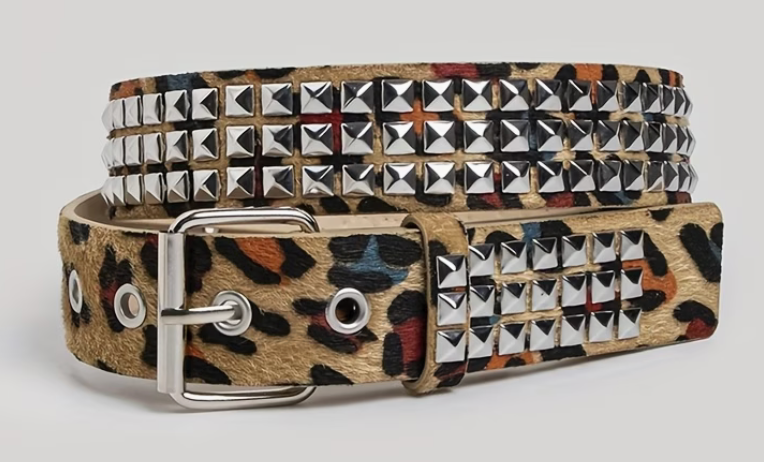 New Leopard Print 3-Row Square Stud Heavy Metal Y2K Rock Belt